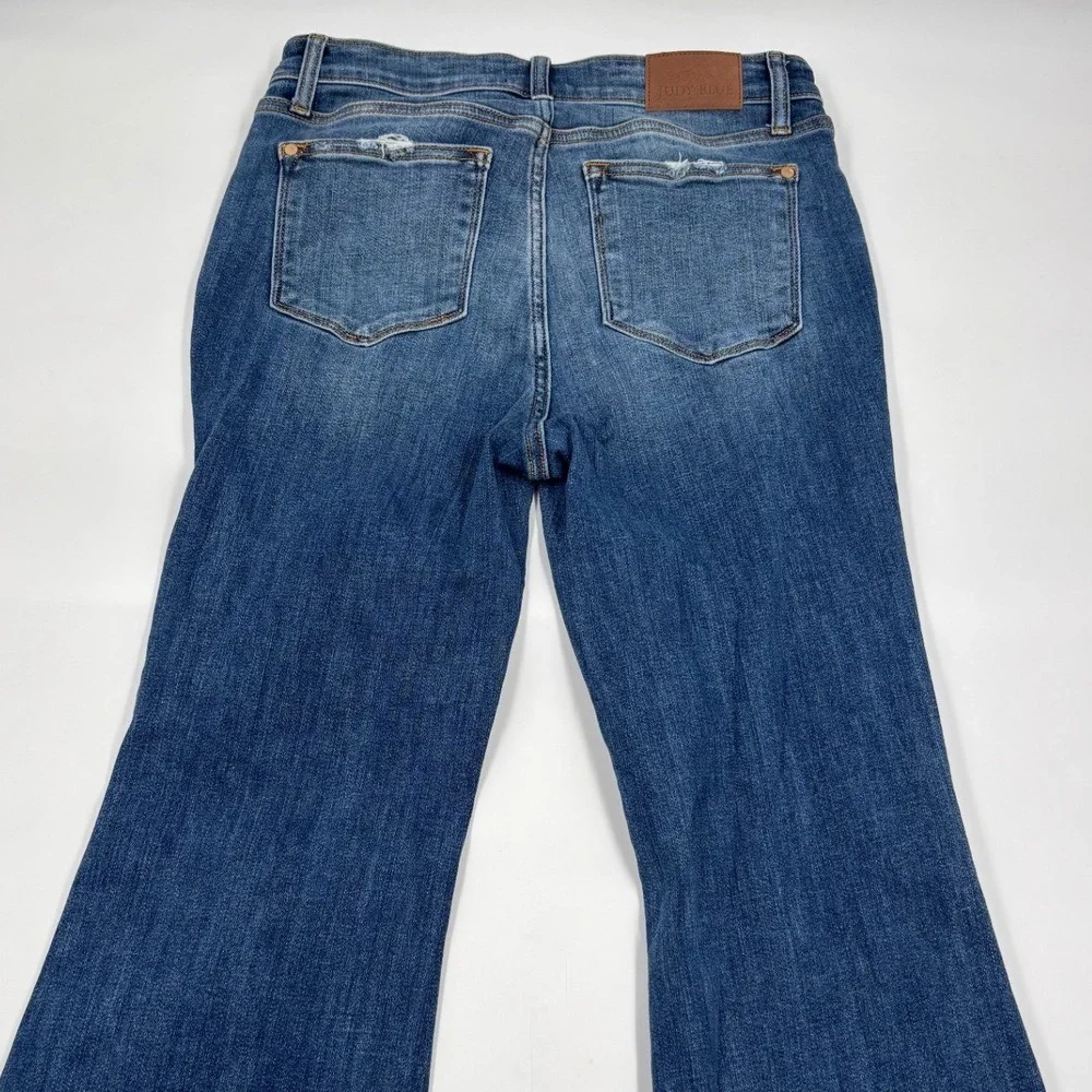 Judy Blue Women's 9/29 Flare‎ Medium Wash Distressed Button Fly High Rise Jeans